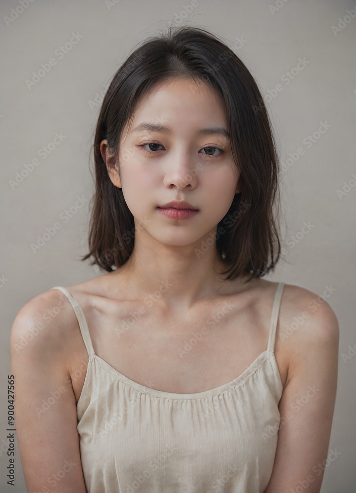 model ID Sopia) asian Woman with shoulder-length black hair, white spaghetti strap top, neutral expression, studio setting model ID Sopia) asian Woman with shoulder-length black hair, white spaghetti strap top, neutral expression, studio setting