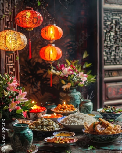 A vibrant table setting featuring traditional cuisine, floral decorations, and illuminated lanterns for a festive atmosphere.