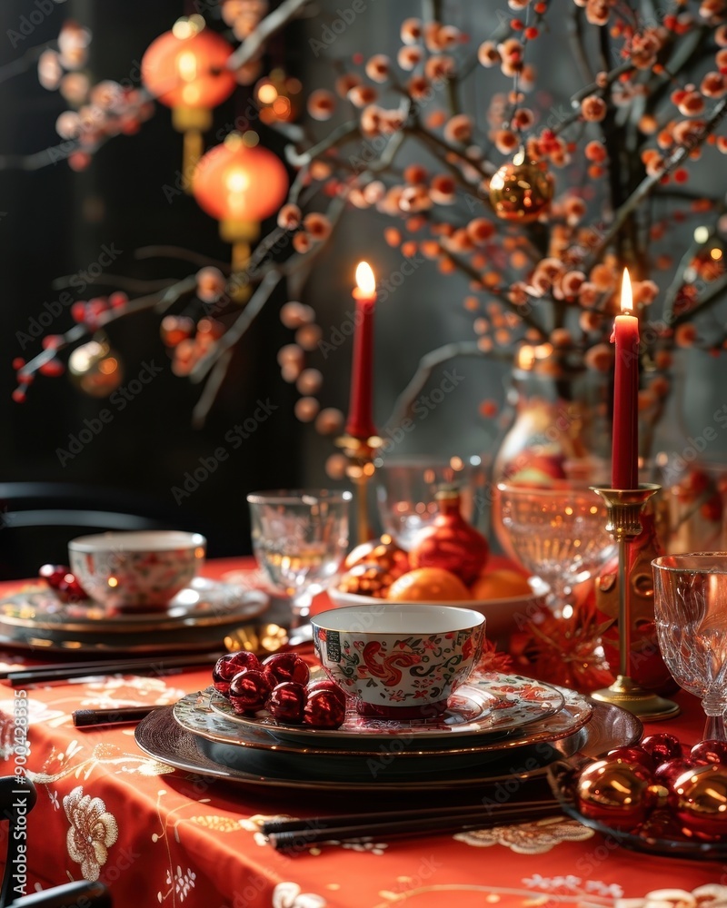 Elegant dining table setting adorned with candles, decorative flowers, and vibrant colors for festive celebrations. Elegant dining table setting adorned with candles, decorative flowers, and vibrant colors for festive celebrations.