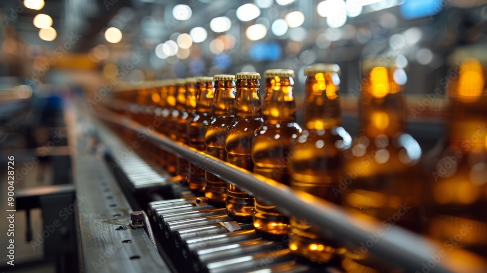 Numerous beer bottles glint along the conveyor belt, waiting in queue for their journey towards retail outlets. Numerous beer bottles glint along the conveyor belt, waiting in queue for their journey towards retail outlets.