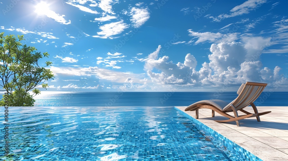 Fototapeta premium Reclining chair near a swimming pool, sea and blue sky panoramic background. 
