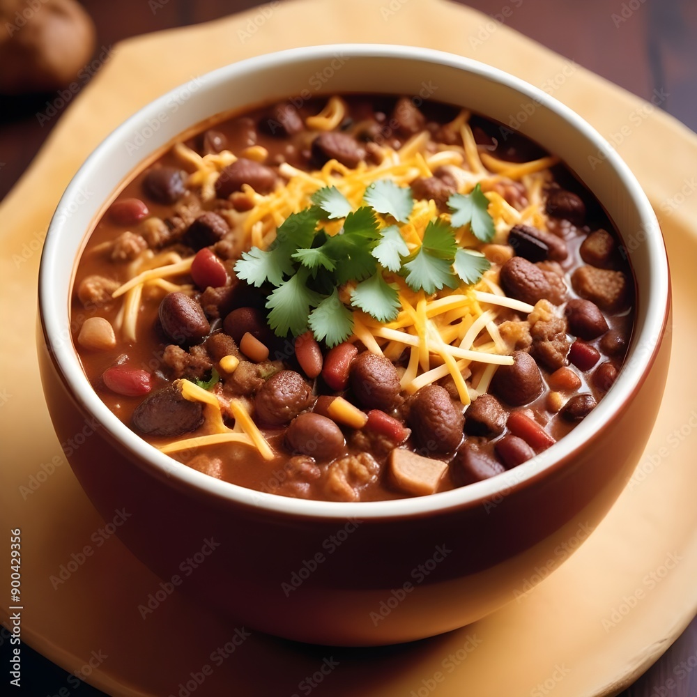 A hearty and aromatic bowl of chili, featuring tender pieces of ground beef, red kidney beans, and a blend of savory spices, finished with a garnish of fresh cilantro and melted cheese A hearty and aromatic bowl of chili, featuring tender pieces of ground beef, red kidney beans, and a blend of savory spices, finished with a garnish of fresh cilantro and melted cheese