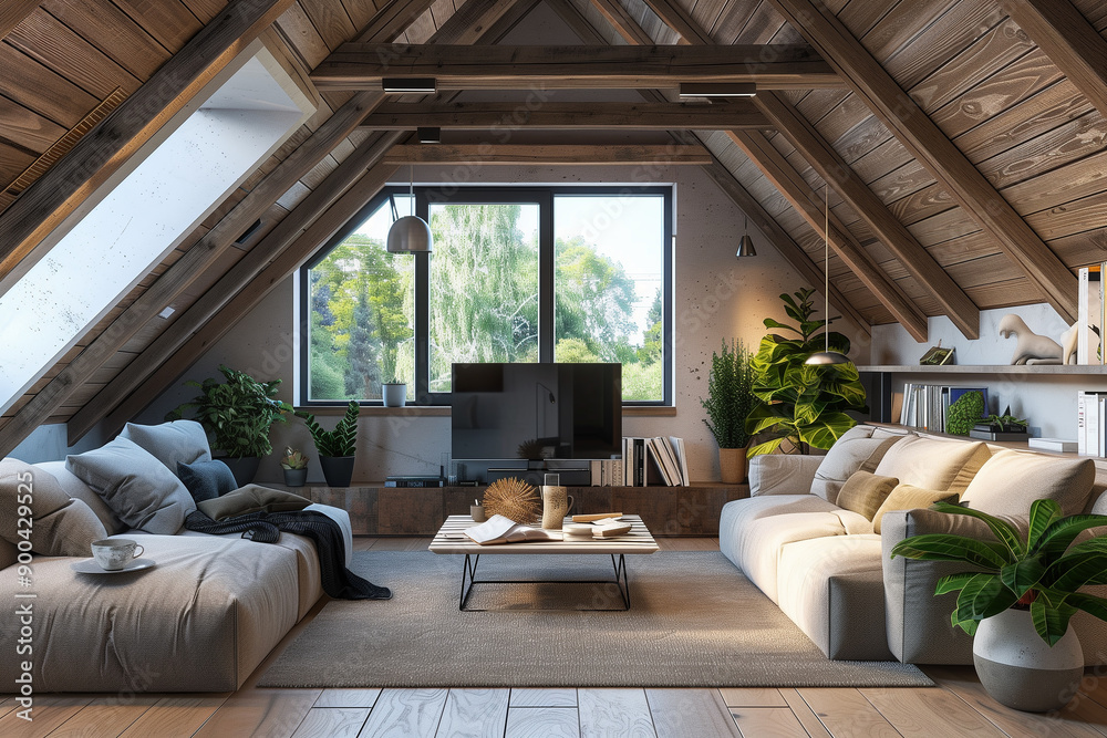 Fototapeta premium Cozy attic living room decorated with plants and natural light in modern style