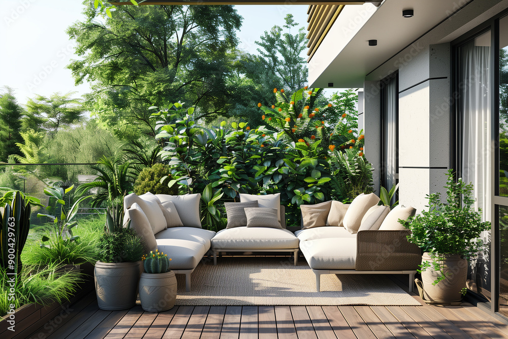 Cozy outdoor seating area surrounded by lush greenery on a sunny day
