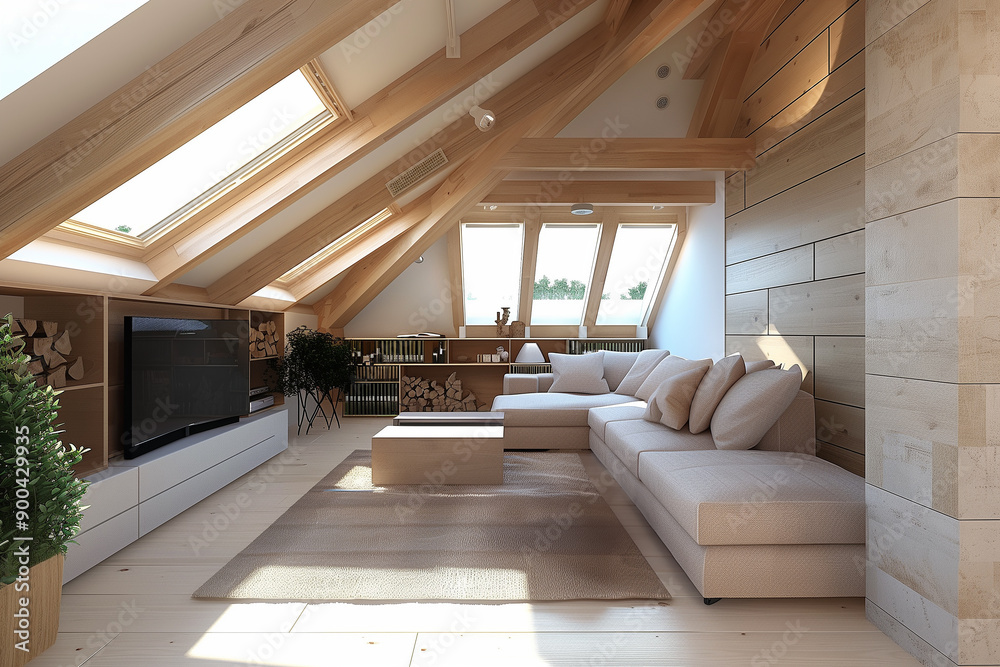 Fototapeta premium Modern cozy loft living room with skylights and minimalist design in bright natural light