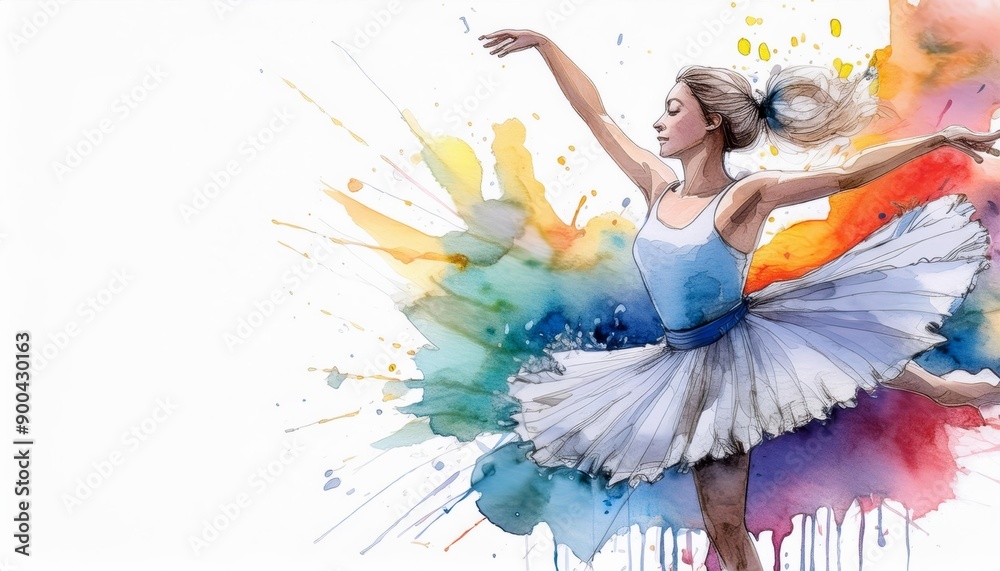 Obraz premium Graceful ballerina in a white tutu dancing with vibrant watercolor splashes in the background, merging art and dance beautifully.
