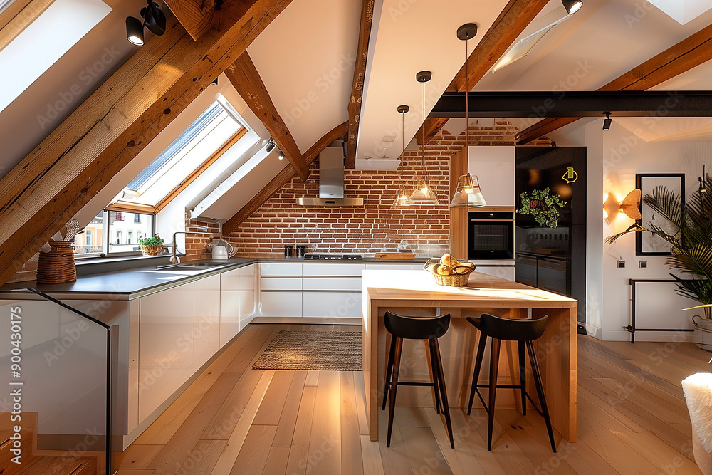 Modern kitchen with exposed beams and skylights in cozy loft apartment Modern kitchen with exposed beams and skylights in cozy loft apartment
