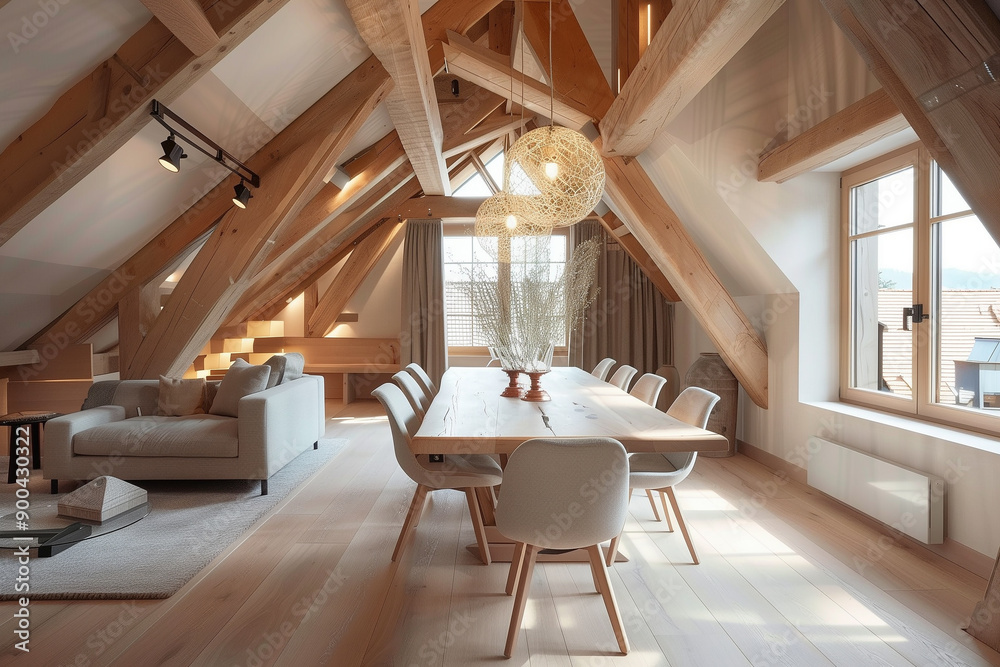 Modern wooden attic dining room with natural light from skylights Modern wooden attic dining room with natural light from skylights