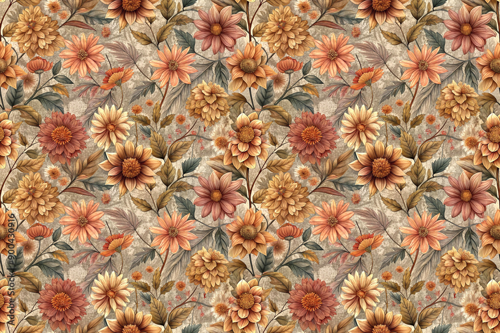 Obraz premium Seamless pattern of bright autumn orange and pink flowers