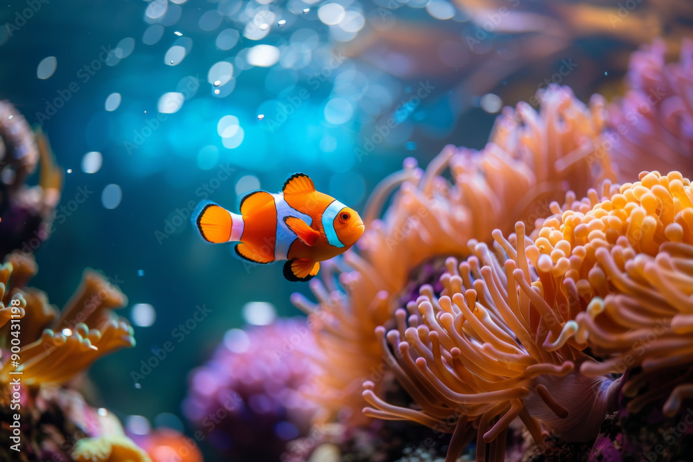 Clownfish Swimming Through Vibrant Coral Reef Clownfish Swimming Through Vibrant Coral Reef