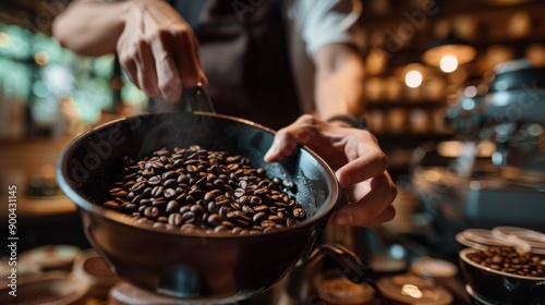 Coffee Beans Roasting in a Black Bowl