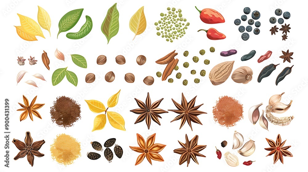 Collection of Various Spices and Herbs Isolated on White Background Collection of Various Spices and Herbs Isolated on White Background