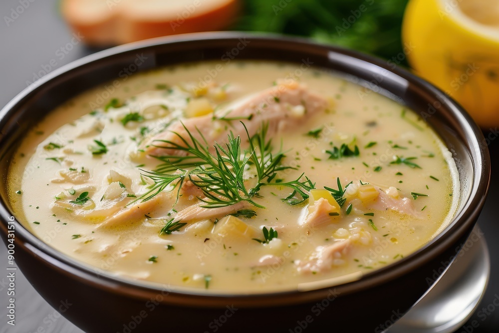 A bowl of avgolemono soup, a traditional lemon chicken soup with rice, garnished with fresh dill. A bowl of avgolemono soup, a traditional lemon chicken soup with rice, garnished with fresh dill.