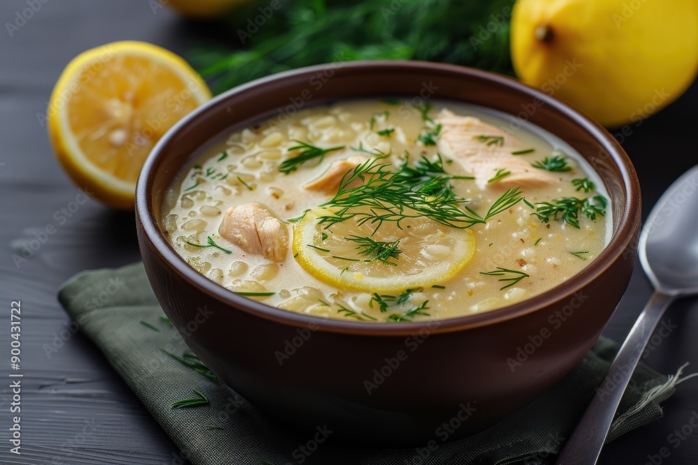 A bowl of avgolemono soup, a traditional lemon chicken soup with rice, garnished with fresh dill. A bowl of avgolemono soup, a traditional lemon chicken soup with rice, garnished with fresh dill.
