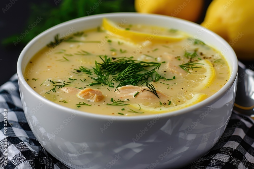 A bowl of avgolemono soup, a traditional lemon chicken soup with rice, garnished with fresh dill. A bowl of avgolemono soup, a traditional lemon chicken soup with rice, garnished with fresh dill.