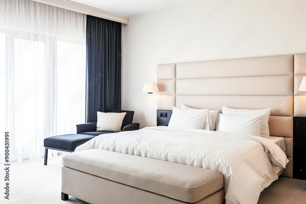 Fototapeta premium Luxurious hotel room interiors in warm tones with chic decor and natural lighting.