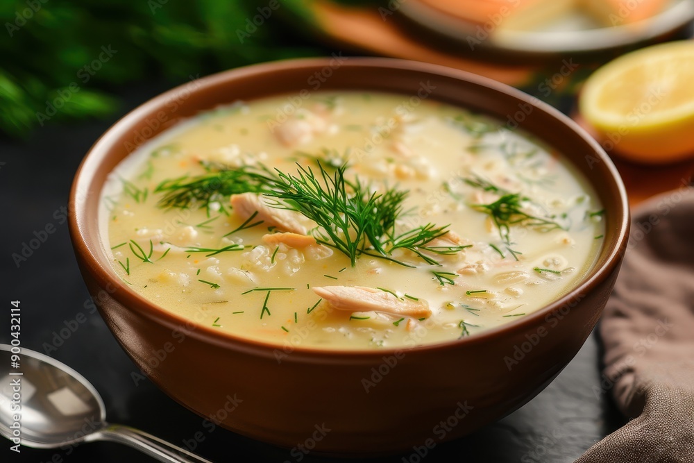 A bowl of avgolemono soup, a traditional lemon chicken soup with rice, garnished with fresh dill. A bowl of avgolemono soup, a traditional lemon chicken soup with rice, garnished with fresh dill.