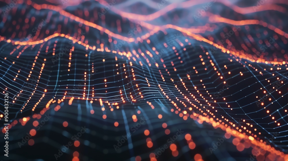 Abstract digital grid with orange and blue glowing lines. Abstract digital grid with orange and blue glowing lines.
