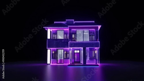 3d home model mede with neon light on dark background, digital home concept, Modern building architectural design, Blueprint for a new house. photo