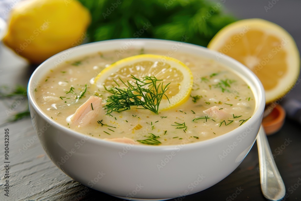 A bowl of avgolemono soup, a traditional lemon chicken soup with rice, garnished with fresh dill. A bowl of avgolemono soup, a traditional lemon chicken soup with rice, garnished with fresh dill.