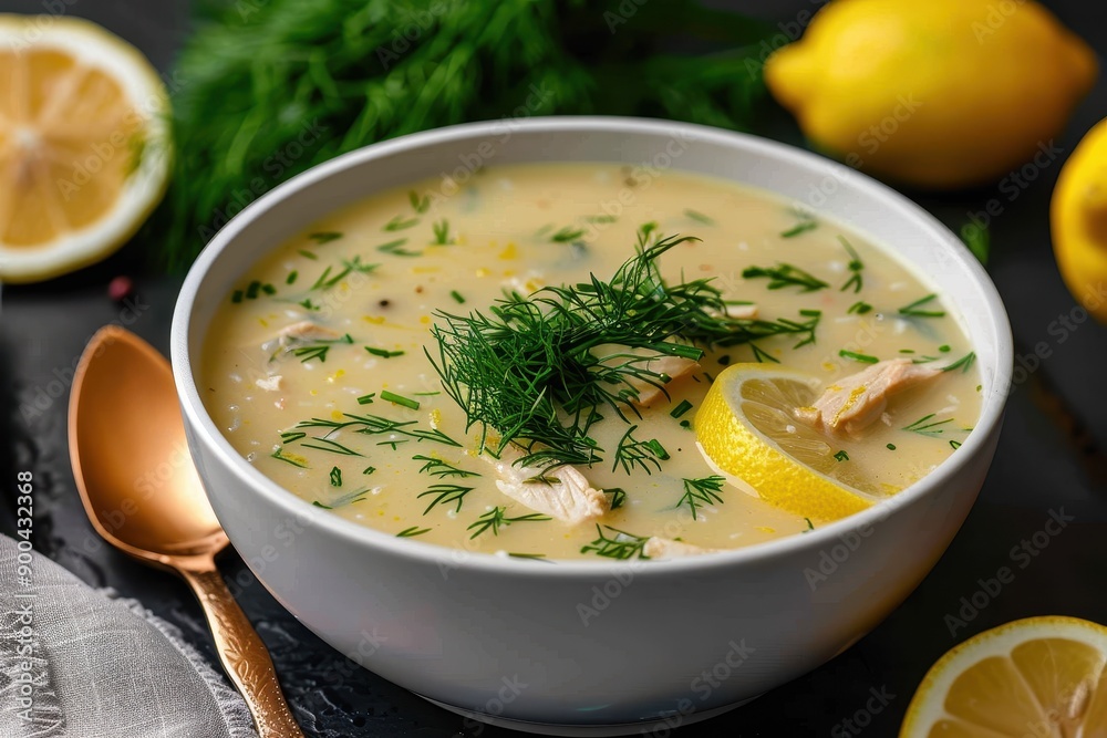 A bowl of avgolemono soup, a traditional lemon chicken soup with rice, garnished with fresh dill. A bowl of avgolemono soup, a traditional lemon chicken soup with rice, garnished with fresh dill.
