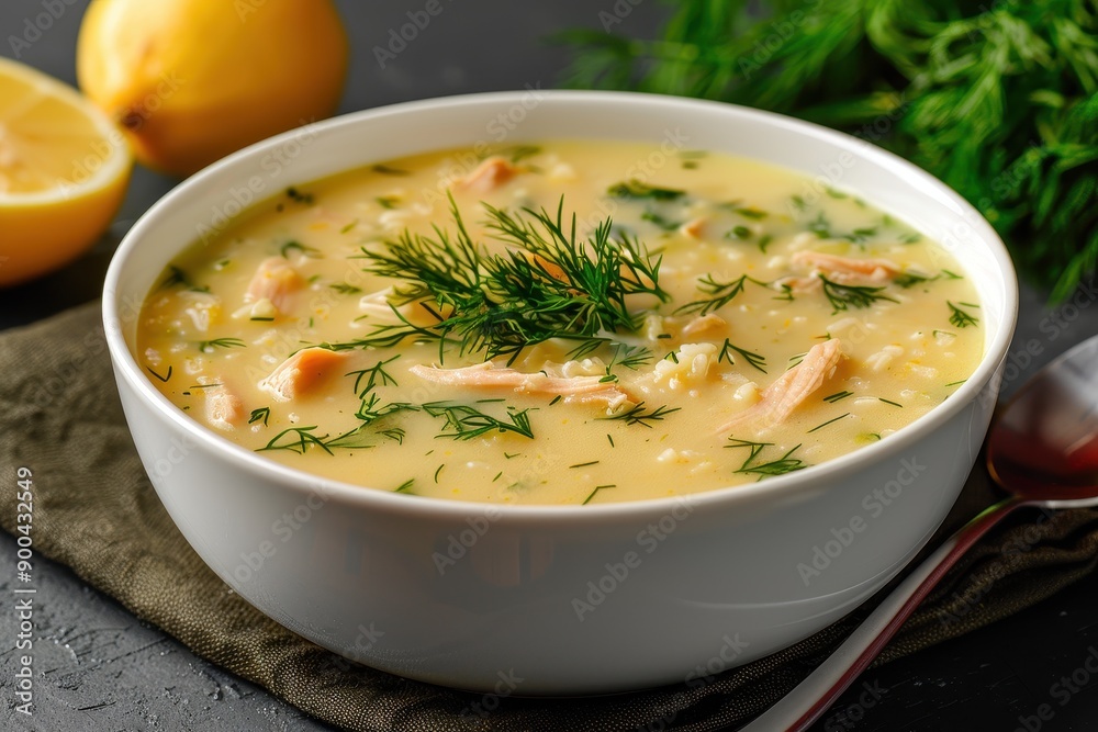 A bowl of avgolemono soup, a traditional lemon chicken soup with rice, garnished with fresh dill. A bowl of avgolemono soup, a traditional lemon chicken soup with rice, garnished with fresh dill.