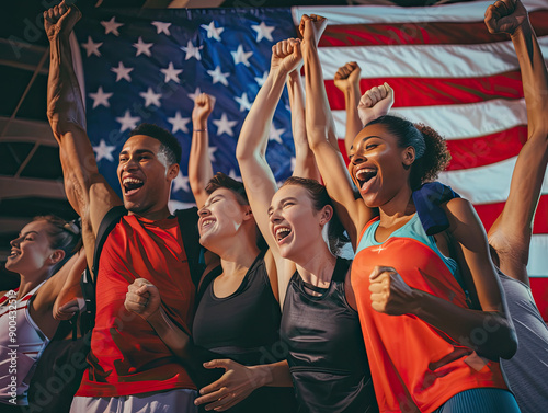 A group of diverse athletes celebrates victory with raised arms, medals, and american flags, embodying the spirit of triumph and unity in sports. photo