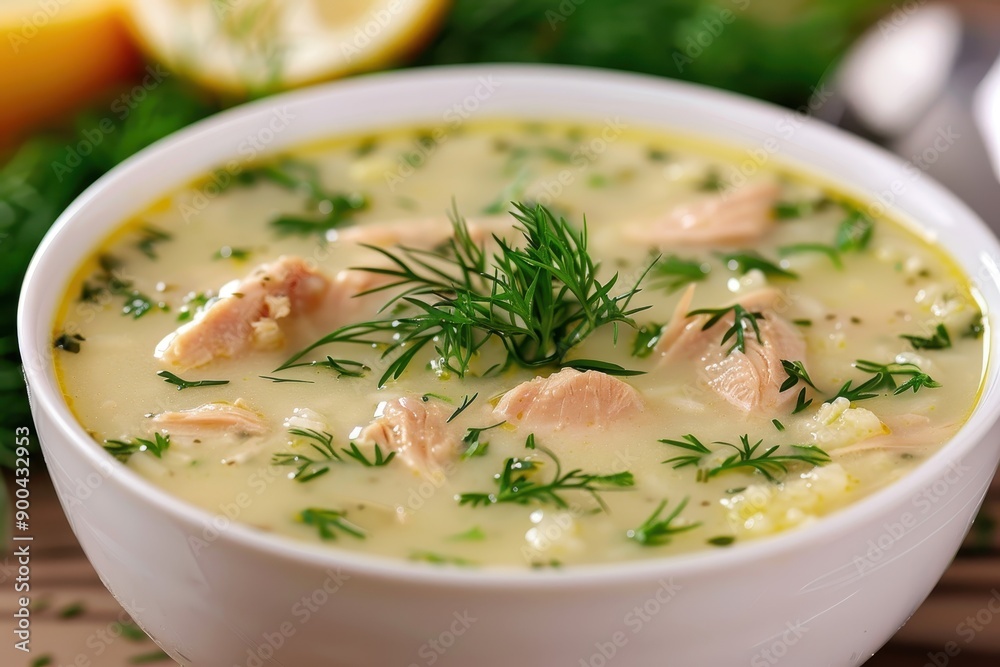 A bowl of avgolemono soup, a traditional lemon chicken soup with rice, garnished with fresh dill. A bowl of avgolemono soup, a traditional lemon chicken soup with rice, garnished with fresh dill.