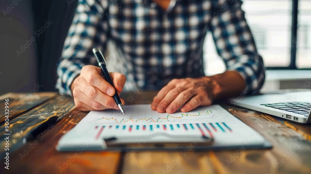 Fototapeta premium Close-up of a person's hands doing paperwork on a wooden desk, analyzing graphs and writing with a pen, wearing a checked shirt.