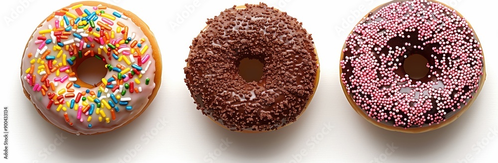 Set of three donuts with colorful sprinkles and chocolate isolated on a white background Set of three donuts with colorful sprinkles and chocolate isolated on a white background