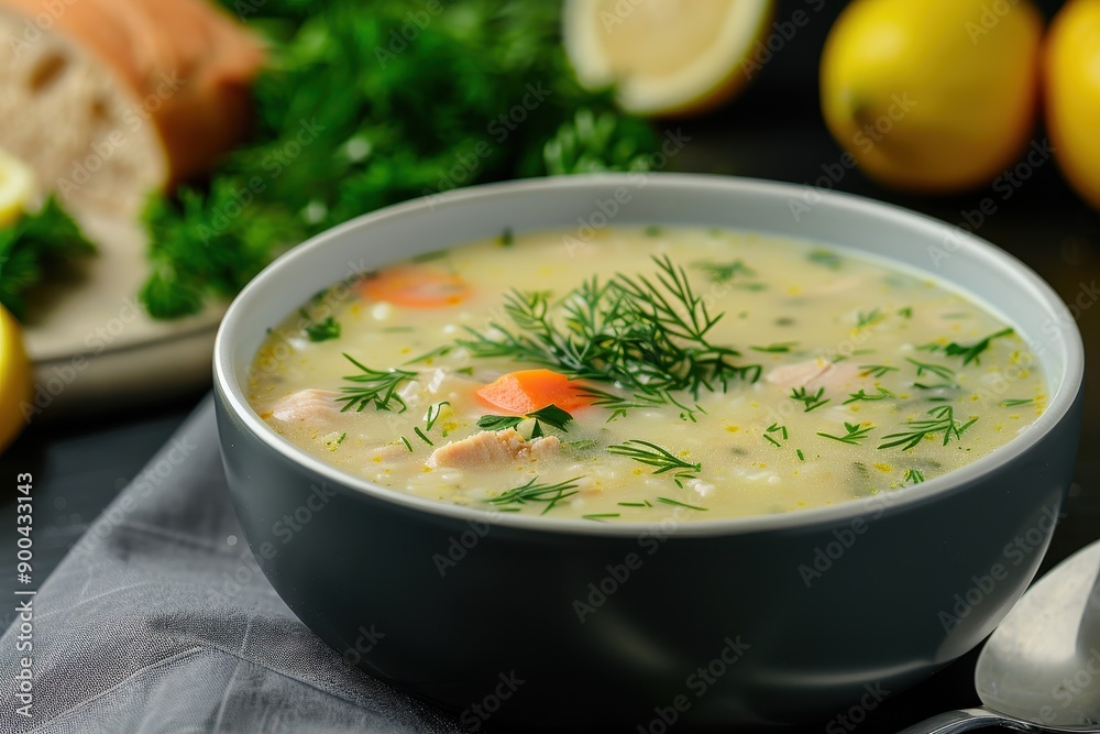 A bowl of avgolemono soup, a traditional lemon chicken soup with rice, garnished with fresh dill. A bowl of avgolemono soup, a traditional lemon chicken soup with rice, garnished with fresh dill.
