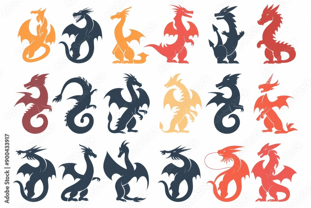 Dragons icon silhouette, dino, wyvern symbols, dinosaurs isolated, mythical monster, minimal flat tattoo Dragons icon silhouette, dino, wyvern symbols, dinosaurs isolated, mythical monster, minimal flat tattoo