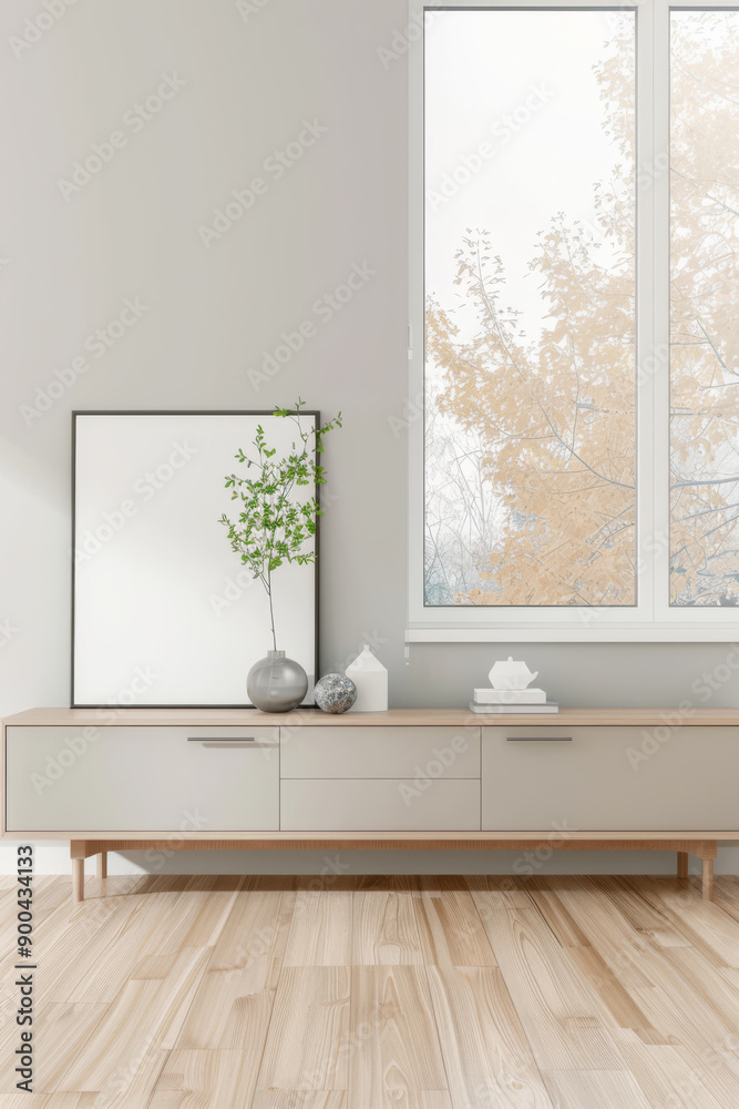 Fototapeta premium Elegant sideboard next to a large window in an interiors design composition. Home decor conceptual image with copyspace.