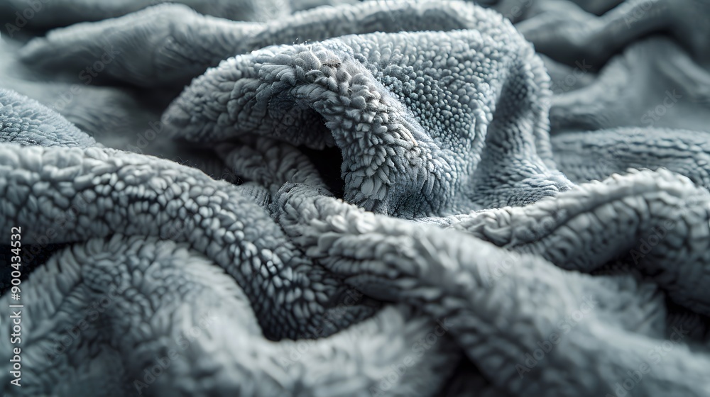 Photo of a gray soft fluffy fleece blanket with flods and creases, warm grey fabric texture background. Photo of a gray soft fluffy fleece blanket with flods and creases, warm grey fabric texture background.