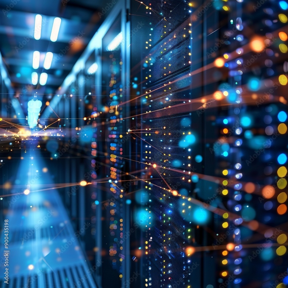 Obraz premium High-Tech Data Center with Interactive Network Visualization