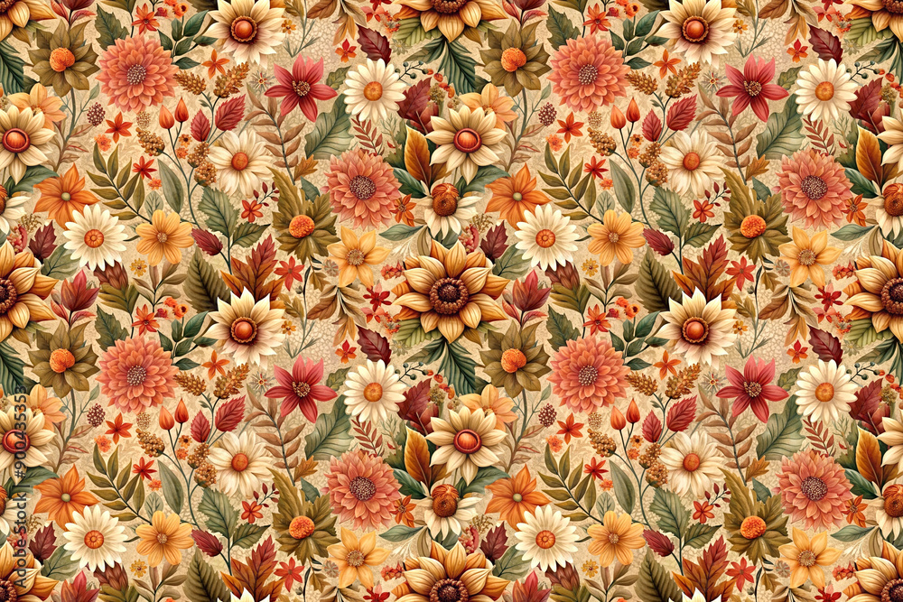 Fototapeta premium Seamless pattern of autumn flowers in gentle warm colors