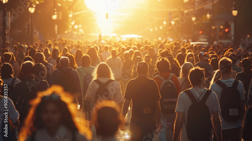 People on the move, a crowd of people walking down the street, rushing about their business at the end of the day.