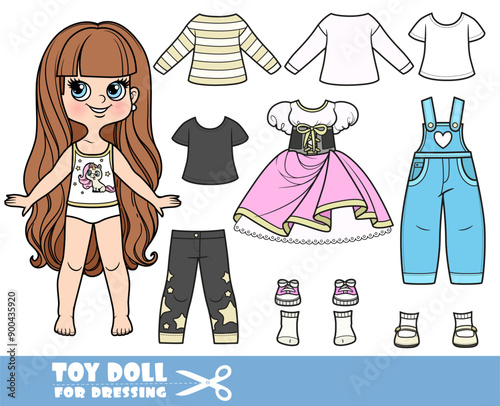 Cartoon long haired brunette girl and clothes separately - shirts,dirndl, jeans and sandals