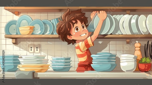 Child reaching up to put away a clean dish in a cupboard, with a sense of accomplishment. Cartoon illustrations vectors photo