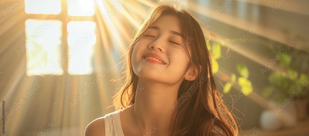 Asian woman smiling with closed eyes and long hair, wearing white top, standing in bright room Asian woman smiling with closed eyes and long hair, wearing white top, standing in bright room