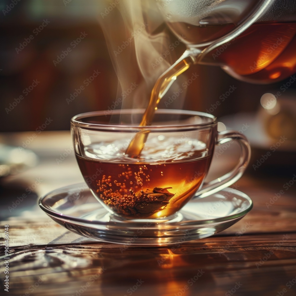 Pouring brown tea into glass cup, pouring black tea from teapot, aromatic hot tonic beverage closeup Pouring brown tea into glass cup, pouring black tea from teapot, aromatic hot tonic beverage closeup