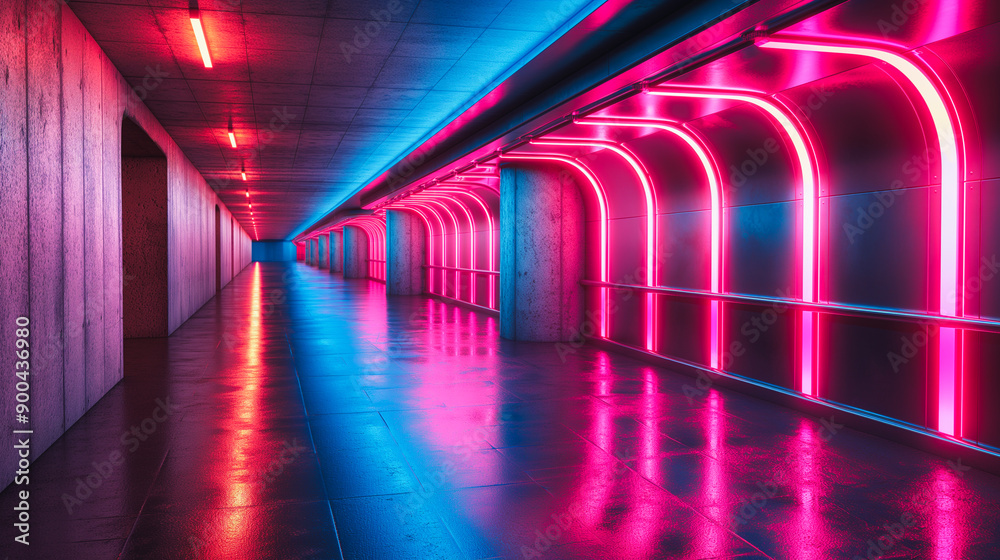 Long path of glowing neon lights on a dark background, ideal for nightlife and futuristic themes. Long path of glowing neon lights on a dark background, ideal for nightlife and futuristic themes.