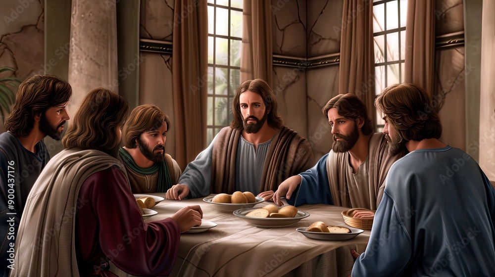 The Last Supper Depiction With Jesus and His Disciples in a Dimly Lit ...