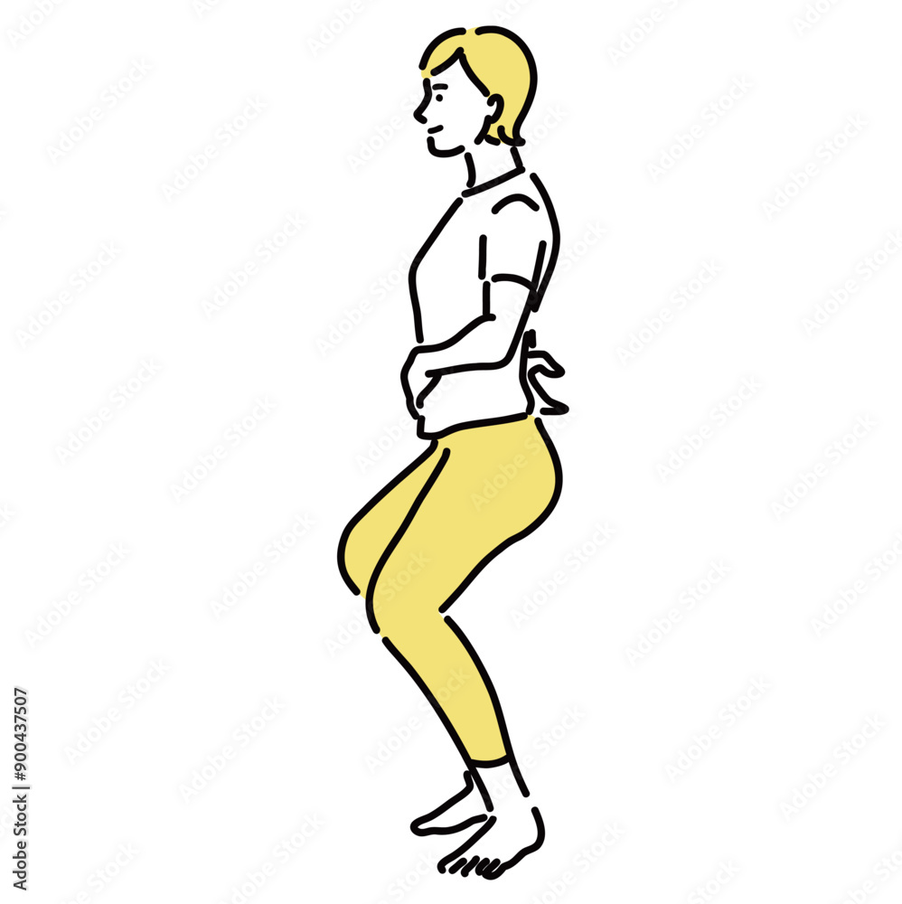 お腹と腰に手を当てて腰割りをしている若い女性の横姿
お腹と腰に手を当てて腰割りをしている若い女性の横姿