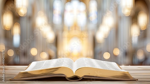 Open Bible Resting on a Wooden Surface in a Softly Lit Church photo