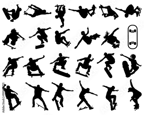 Black silhouettes of skate jumpers on a white background	