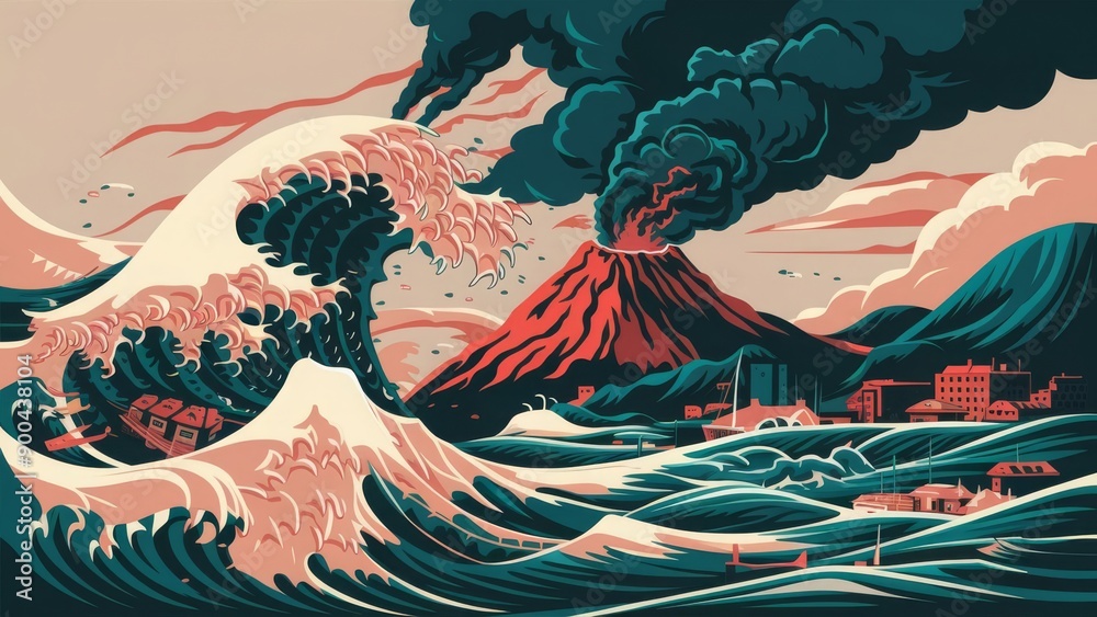 flat style illustration of a tsunami crashing into a coastal area, originating from an erupting volcano Smoke and ash rise from the volcano, while the intense waves of the tsunami engulf the landscape flat style illustration of a tsunami crashing into a coastal area, originating from an erupting volcano Smoke and ash rise from the volcano, while the intense waves of the tsunami engulf the landscape