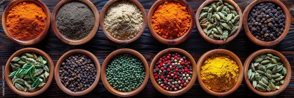 Colorful spices and herbs in wooden bowls on a dark wood background, in a top view Colorful spices and herbs in wooden bowls on a dark wood background, in a top view