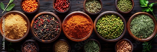 A variety of colorful spices and beans arranged in wooden bowls on a dark wood background