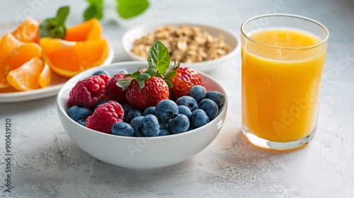 Nutritious Breakfast with Strawberries, Oranges, Blueberries, and Whole Grains